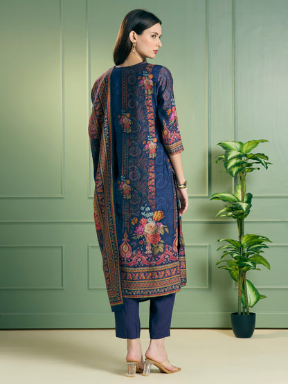 Ethnic Floral Printed Embroidered Straight Kurta with Pant & Dupatta - Blue