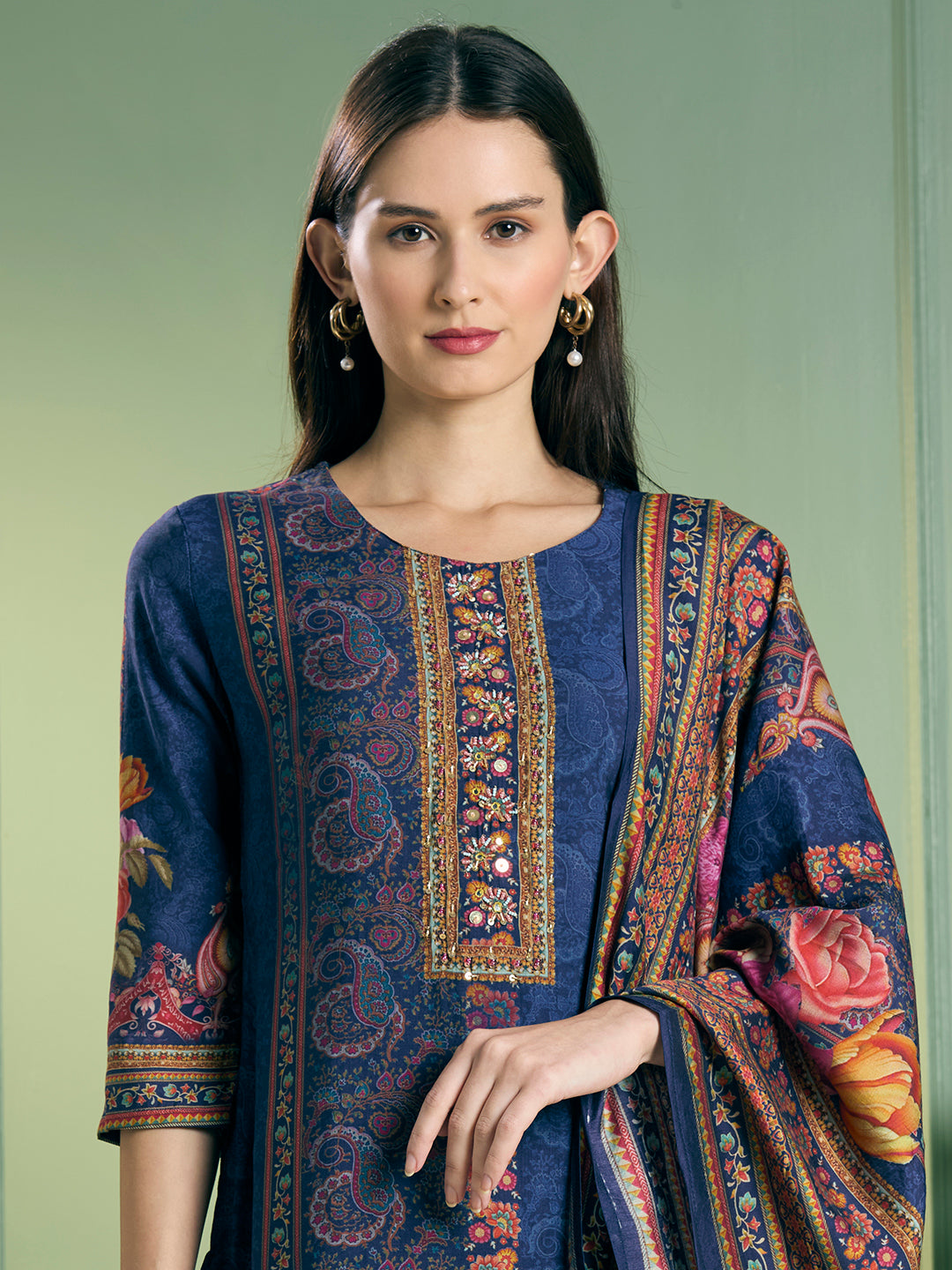 Ethnic Floral Printed Embroidered Straight Kurta with Pant & Dupatta - Blue
