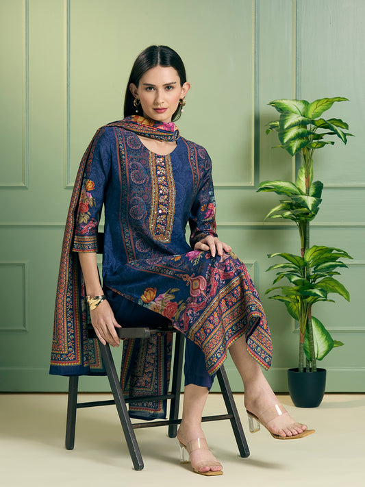 Ethnic Floral Printed Embroidered Straight Kurta with Pant & Dupatta - Blue