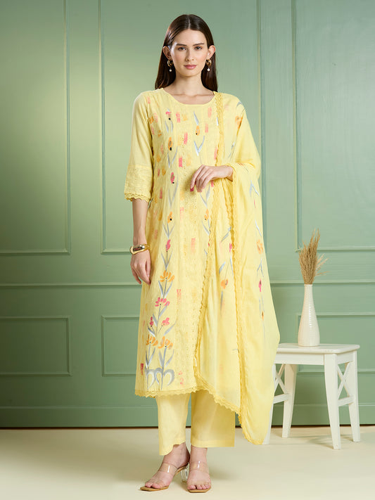 Floral Hand Painted Anarkali Kurta with Pant & Dupatta - Yellow