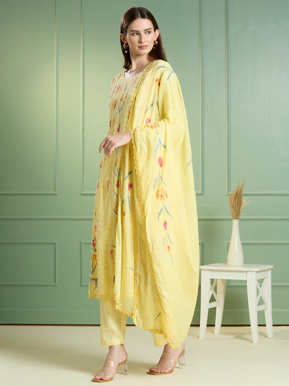 Floral Hand Painted Anarkali Kurta with Pant & Dupatta - Yellow