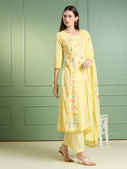 Floral Hand Painted Anarkali Kurta with Pant & Dupatta - Yellow