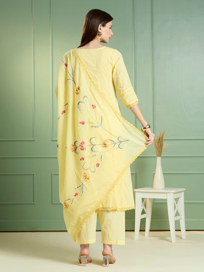 Floral Hand Painted Anarkali Kurta with Pant & Dupatta - Yellow