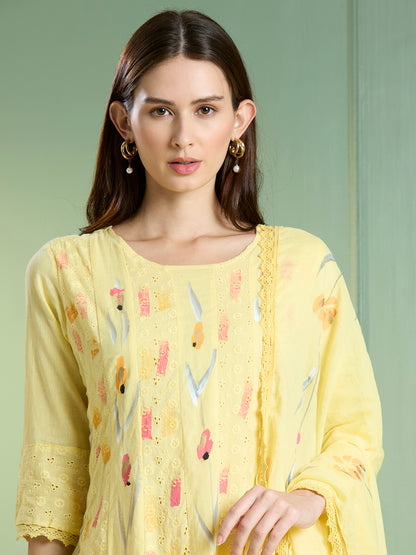 Floral Hand Painted Anarkali Kurta with Pant & Dupatta - Yellow