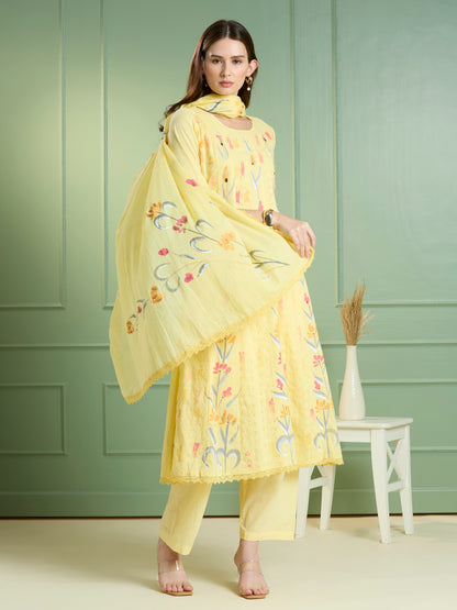 Floral Hand Painted Anarkali Kurta with Pant & Dupatta - Yellow