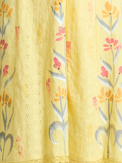Floral Hand Painted Anarkali Kurta with Pant & Dupatta - Yellow