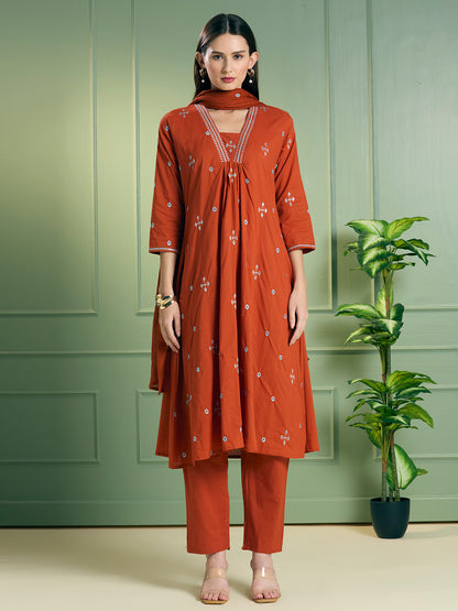 Solid Ethnic Embroidered A-Line Kurta with Pant & Dupatta - Rust