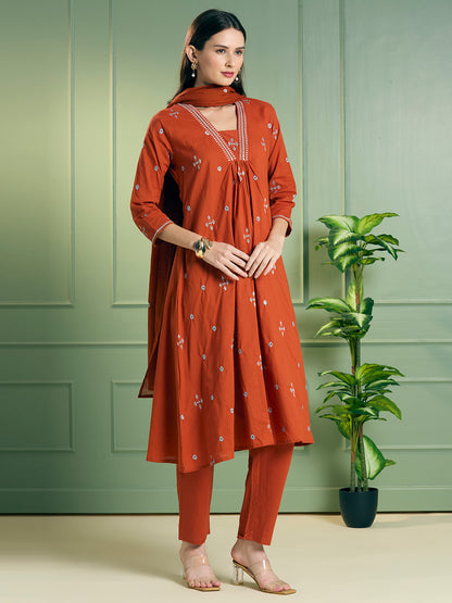 Solid Ethnic Embroidered A-Line Kurta with Pant & Dupatta - Rust