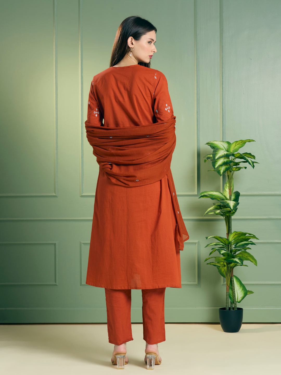 Solid Ethnic Embroidered A-Line Kurta with Pant & Dupatta - Rust