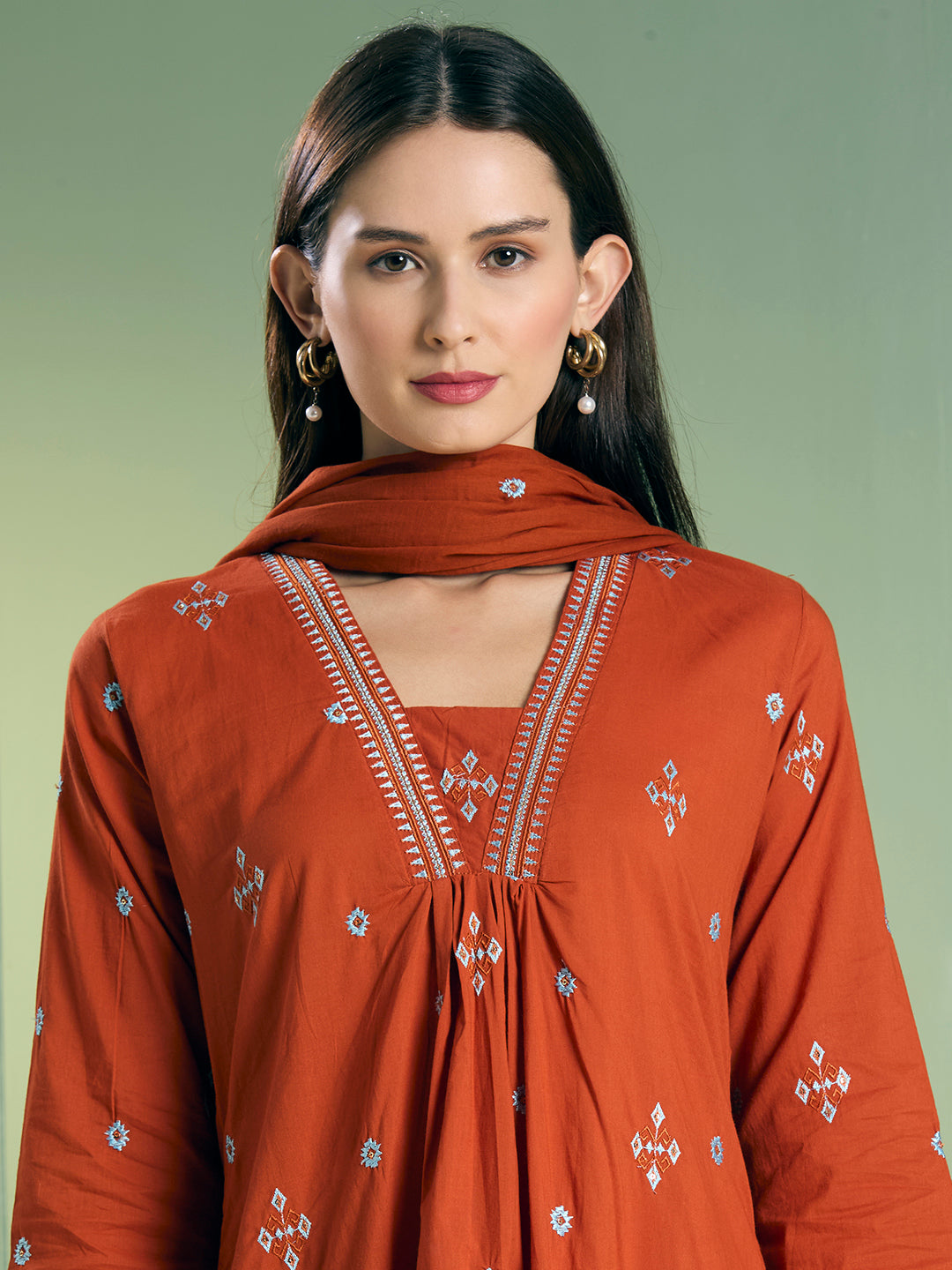 Solid Ethnic Embroidered A-Line Kurta with Pant & Dupatta - Rust
