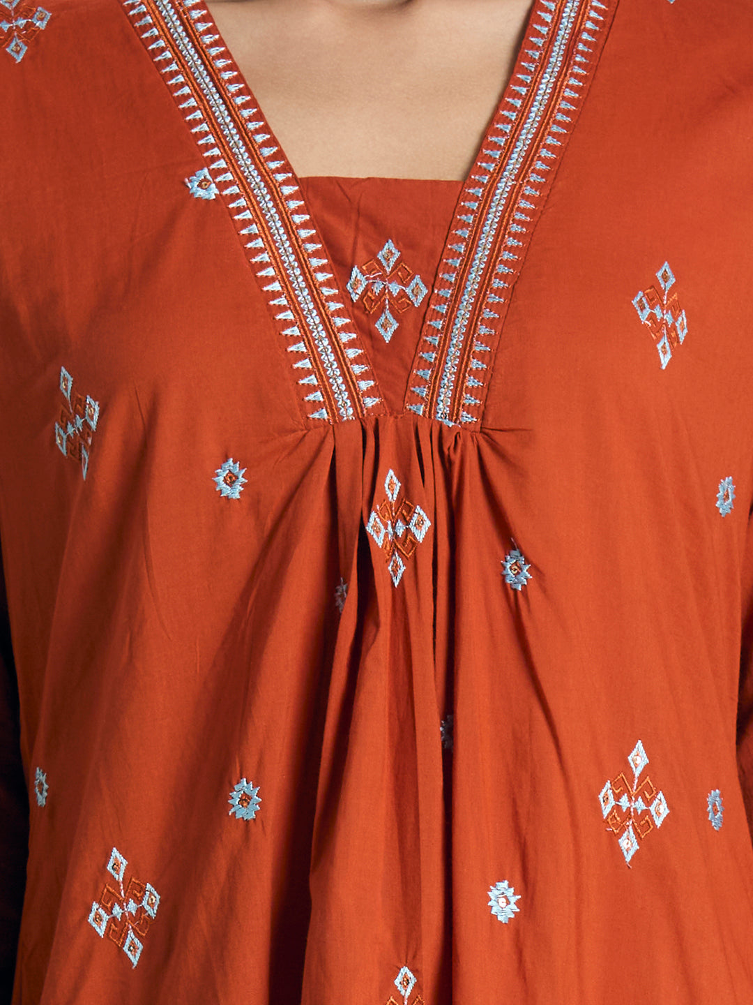 Solid Ethnic Embroidered A-Line Kurta with Pant & Dupatta - Rust