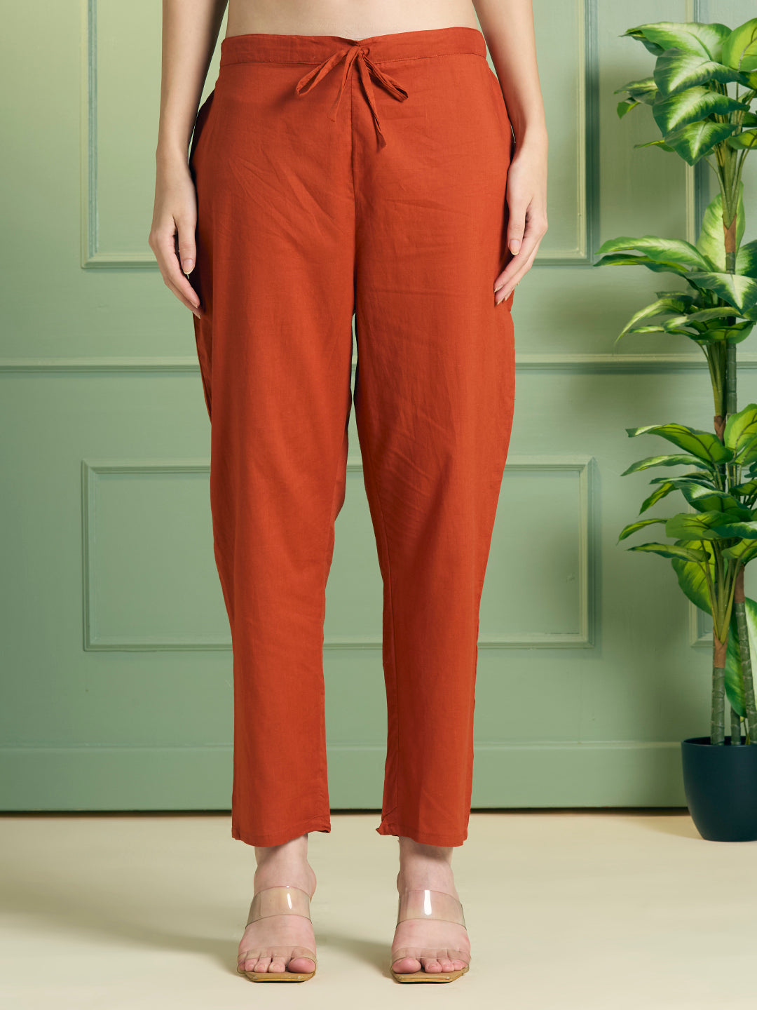 Solid Ethnic Embroidered A-Line Kurta with Pant & Dupatta - Rust