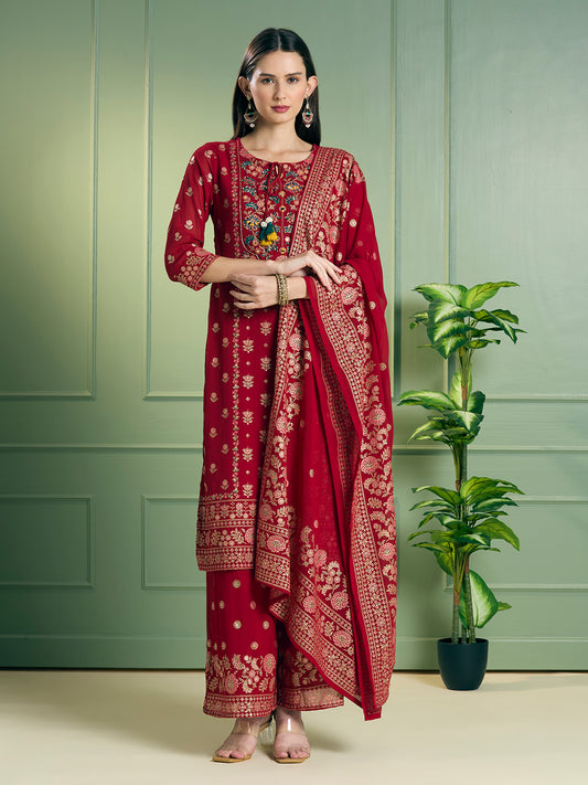 Festive Ethnic Printed Embroidered Straight Kurta with Palazzo and Dupatta - Red