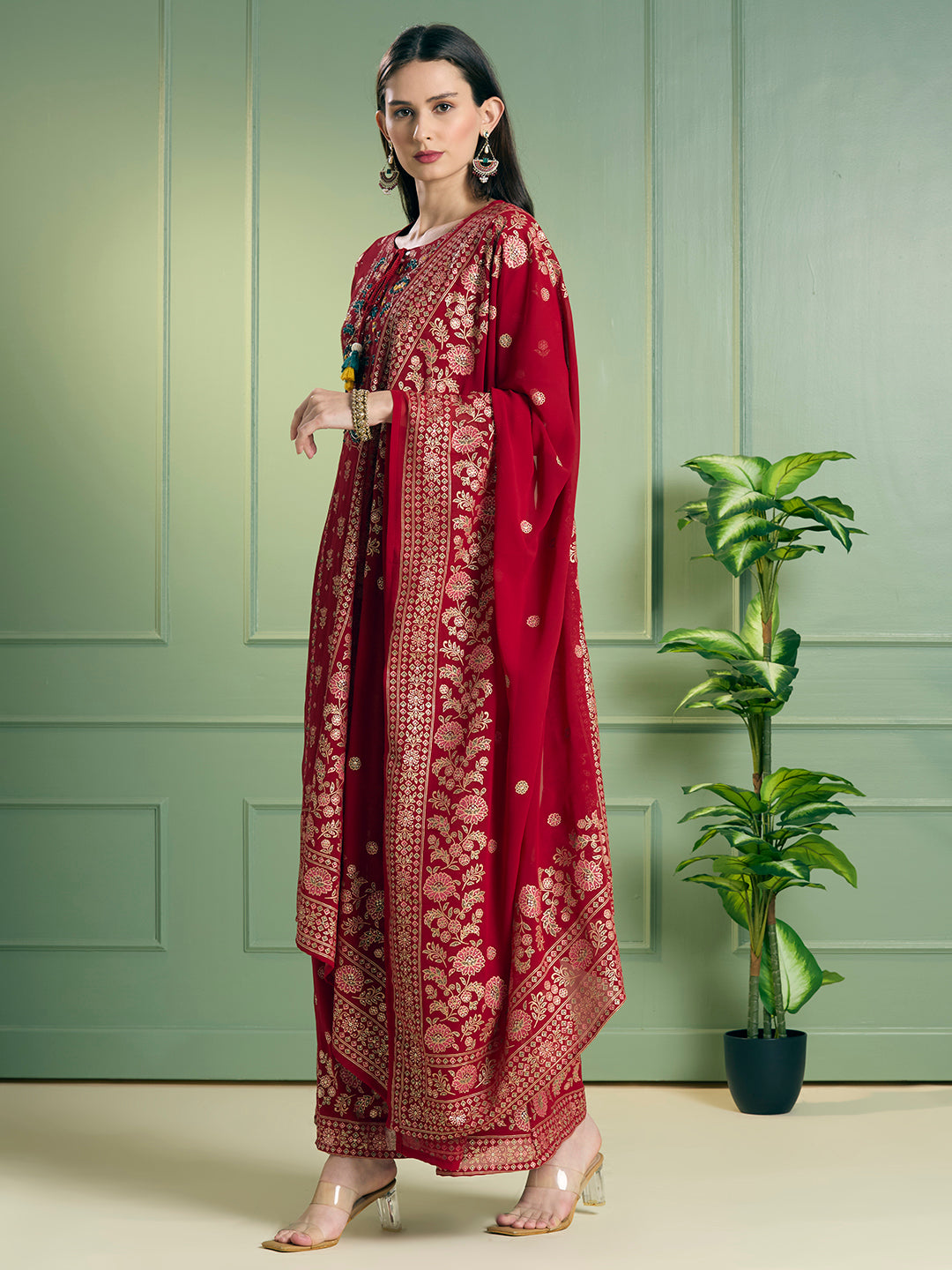 Festive Ethnic Printed Embroidered Straight Kurta with Palazzo and Dupatta - Red