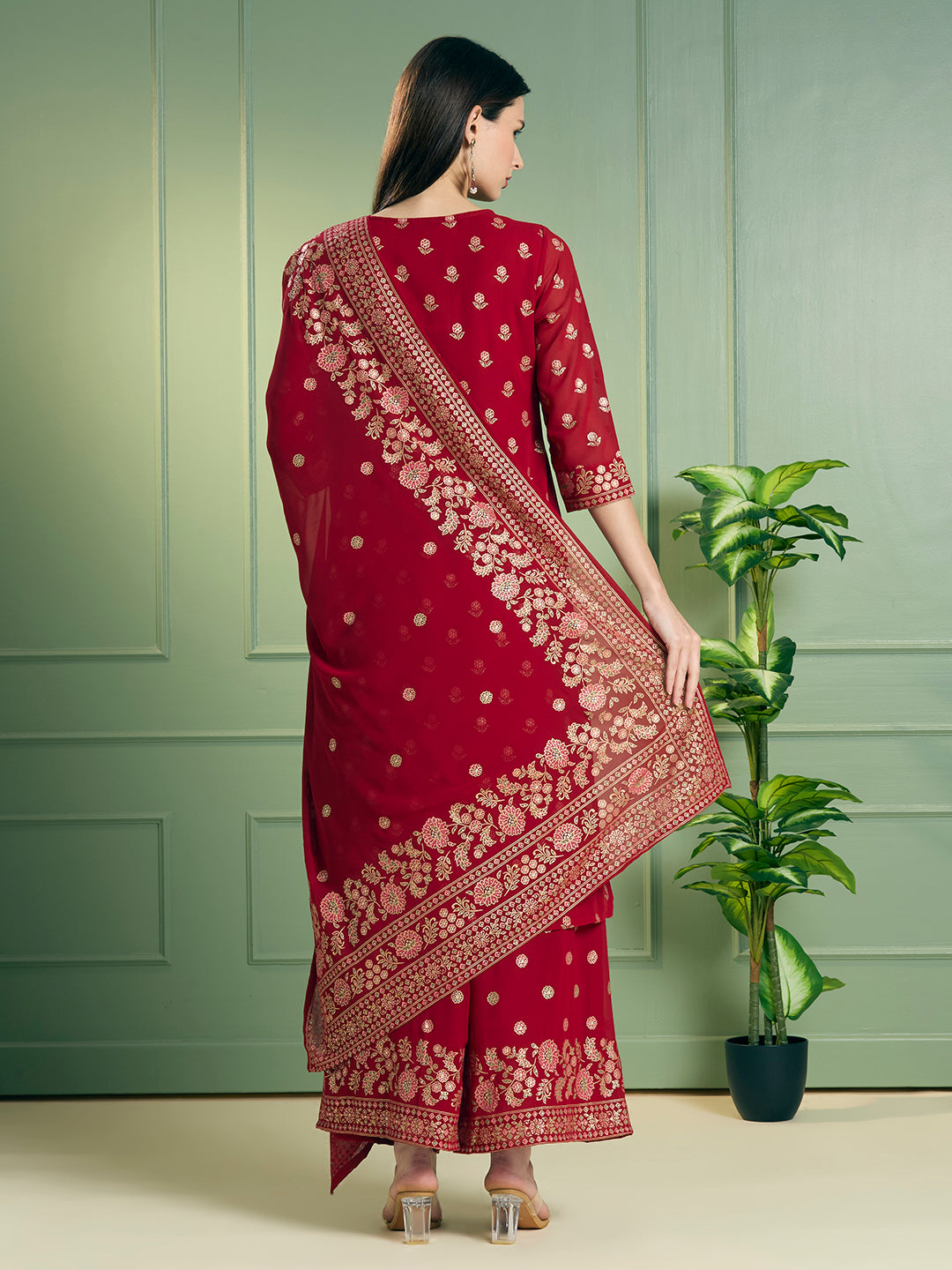 Festive Ethnic Printed Embroidered Straight Kurta with Palazzo and Dupatta - Red