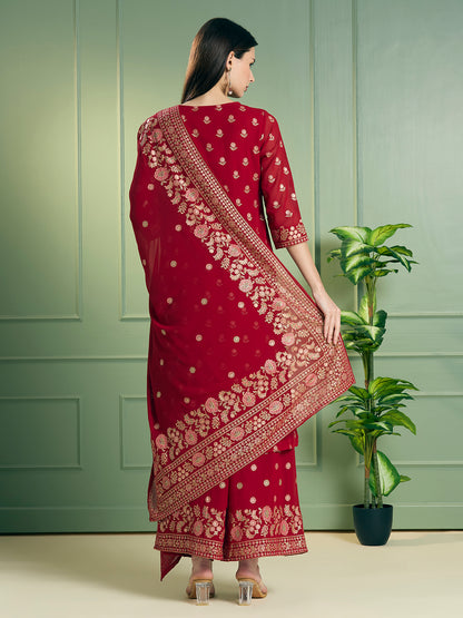 Festive Ethnic Printed Embroidered Straight Kurta with Palazzo and Dupatta - Red