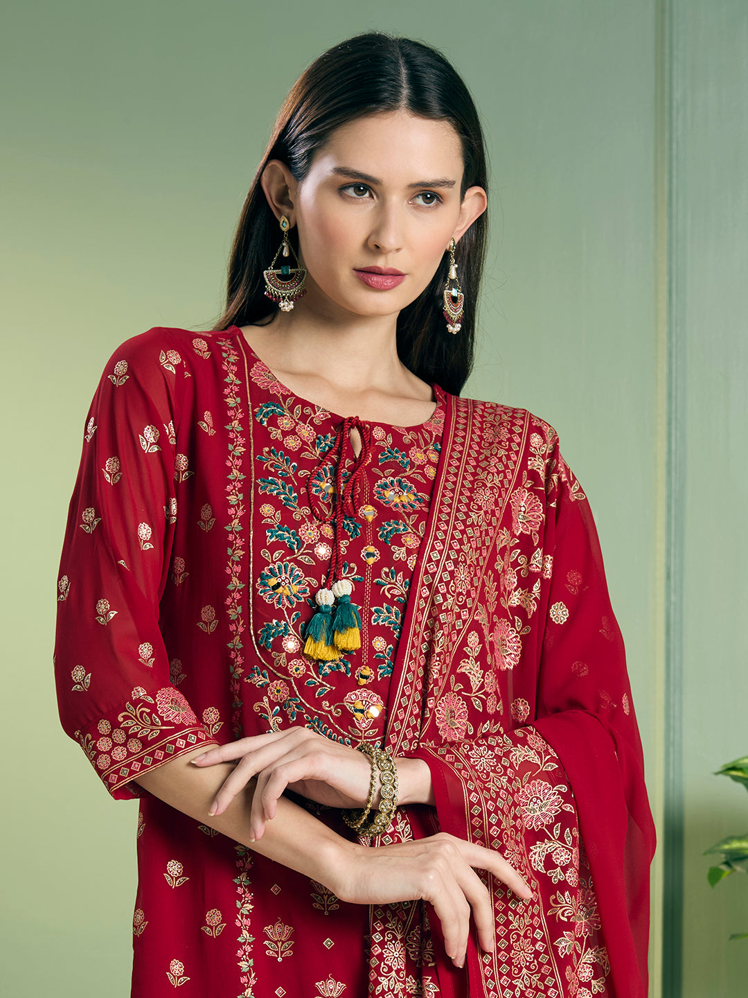 Festive Ethnic Printed Embroidered Straight Kurta with Palazzo and Dupatta - Red