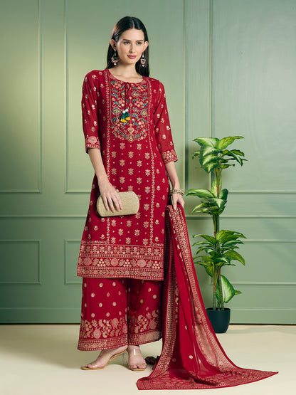 Festive Ethnic Printed Embroidered Straight Kurta with Palazzo and Dupatta - Red