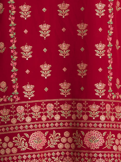 Festive Ethnic Printed Embroidered Straight Kurta with Palazzo and Dupatta - Red