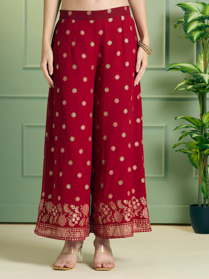 Festive Ethnic Printed Embroidered Straight Kurta with Palazzo and Dupatta - Red