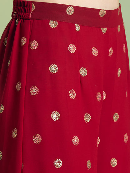Festive Ethnic Printed Embroidered Straight Kurta with Palazzo and Dupatta - Red