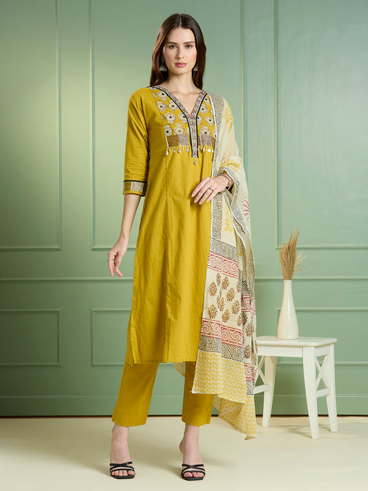 Solid Embroidered Straight Kurta with Pant & Dupatta - Lime Green