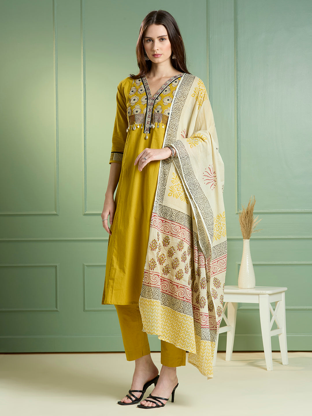 Solid Embroidered Straight Kurta with Pant & Dupatta - Lime Green