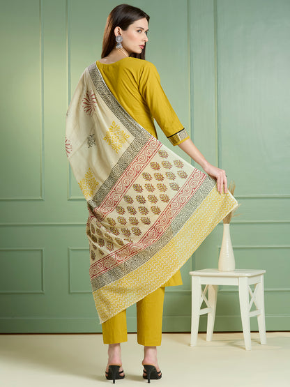 Solid Embroidered Straight Kurta with Pant & Dupatta - Lime Green