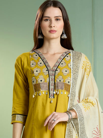 Solid Embroidered Straight Kurta with Pant & Dupatta - Lime Green
