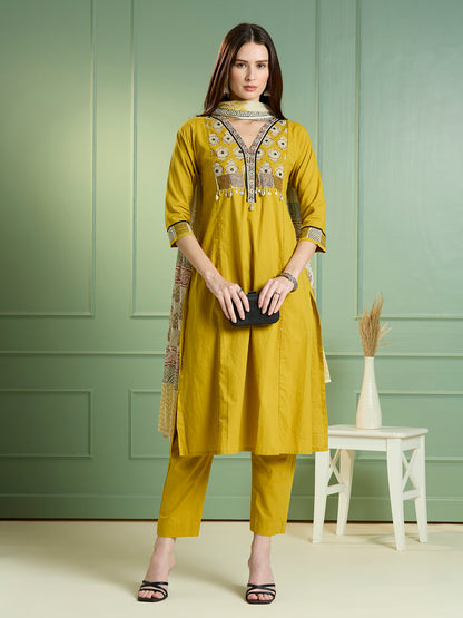 Solid Embroidered Straight Kurta with Pant & Dupatta - Lime Green