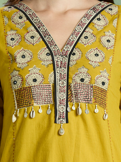 Solid Embroidered Straight Kurta with Pant & Dupatta - Lime Green