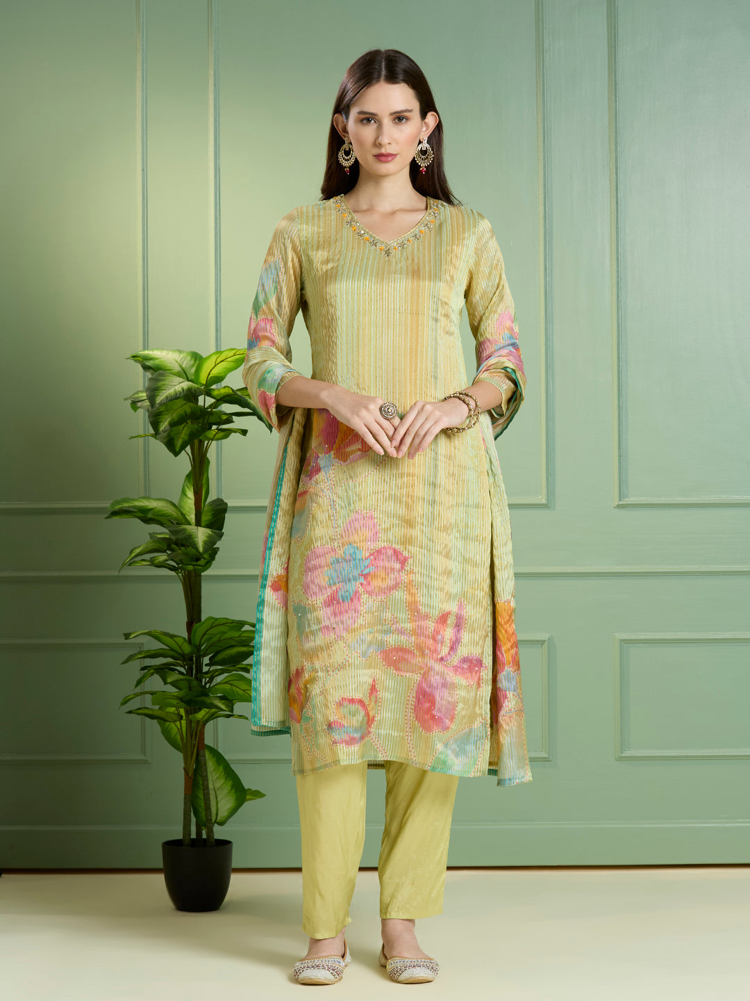 Festive Floral Printed Embroidered Tissue Kurta with Pant & Dupatta - Green