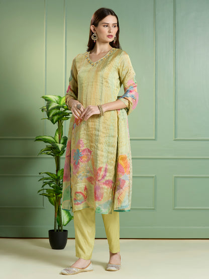 Festive Floral Printed Embroidered Tissue Kurta with Pant & Dupatta - Green