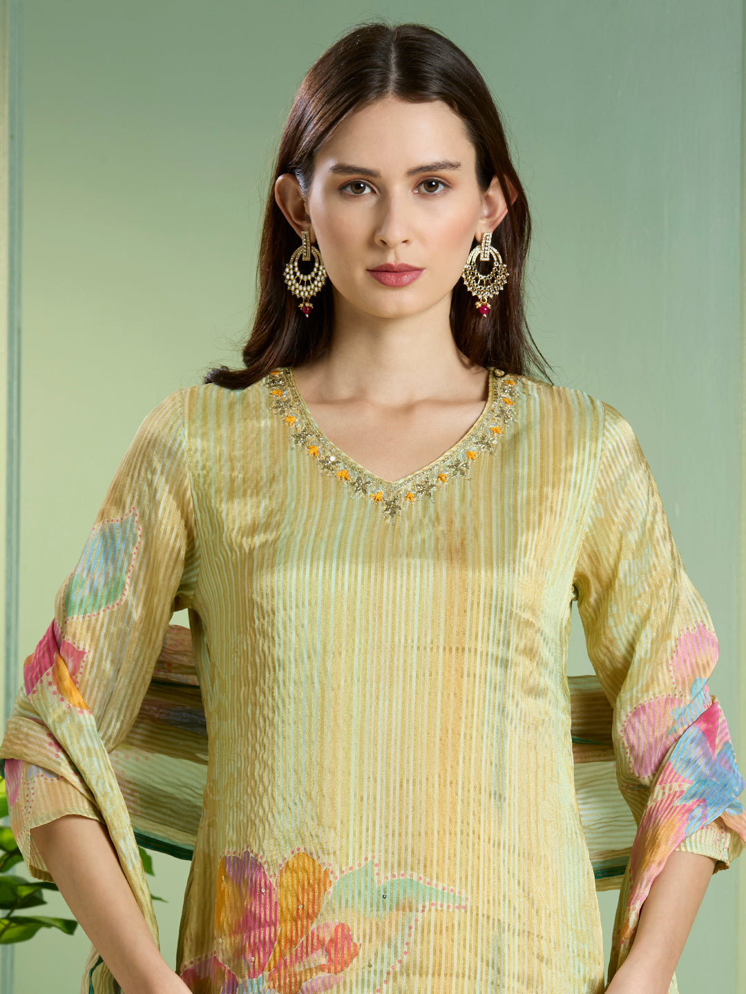 Festive Floral Printed Embroidered Tissue Kurta with Pant & Dupatta - Green