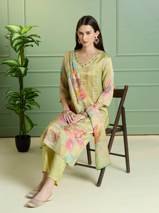 Festive Floral Printed Embroidered Tissue Kurta with Pant & Dupatta - Green