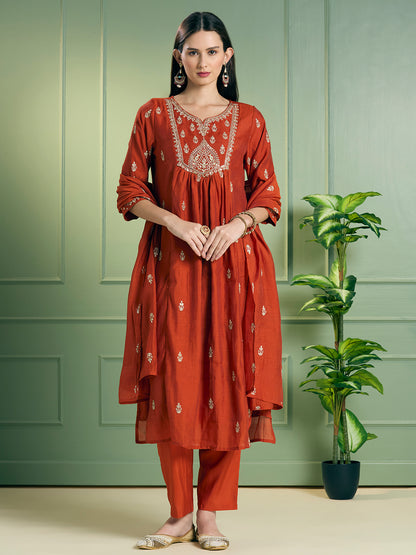 Festive Solid Sequin Embroidered A-Line Paneled Kurta with Pant and Dupatta - Rust