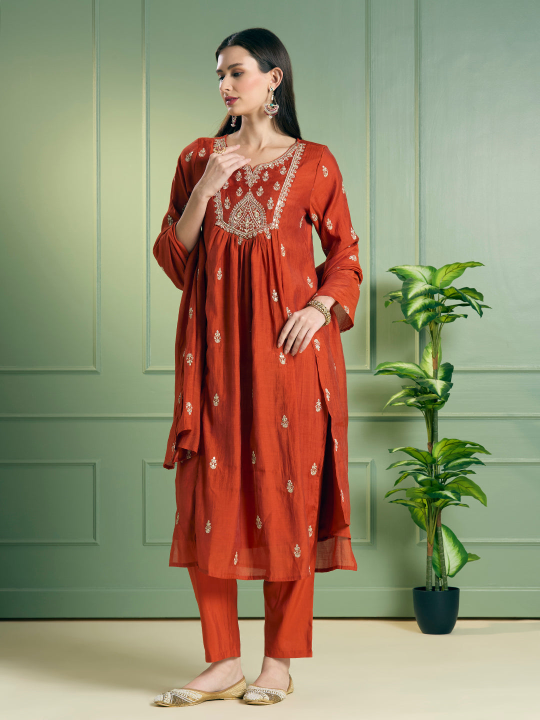 Festive Solid Sequin Embroidered A-Line Paneled Kurta with Pant and Dupatta - Rust