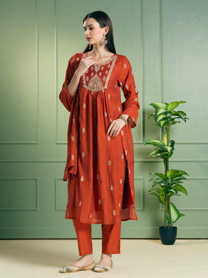 Festive Solid Sequin Embroidered A-Line Paneled Kurta with Pant and Dupatta - Rust