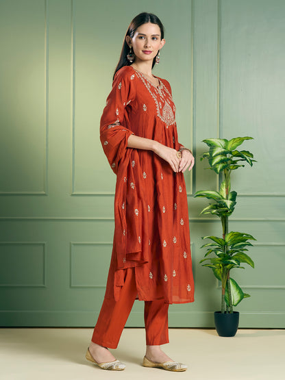 Festive Solid Sequin Embroidered A-Line Paneled Kurta with Pant and Dupatta - Rust