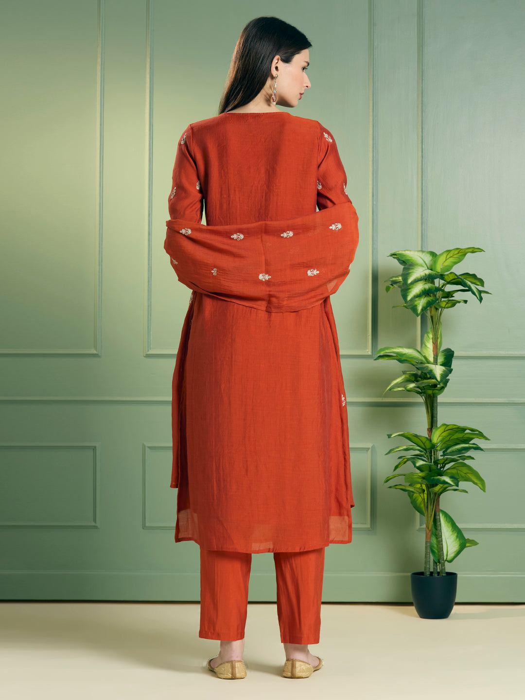 Festive Solid Sequin Embroidered A-Line Paneled Kurta with Pant and Dupatta - Rust