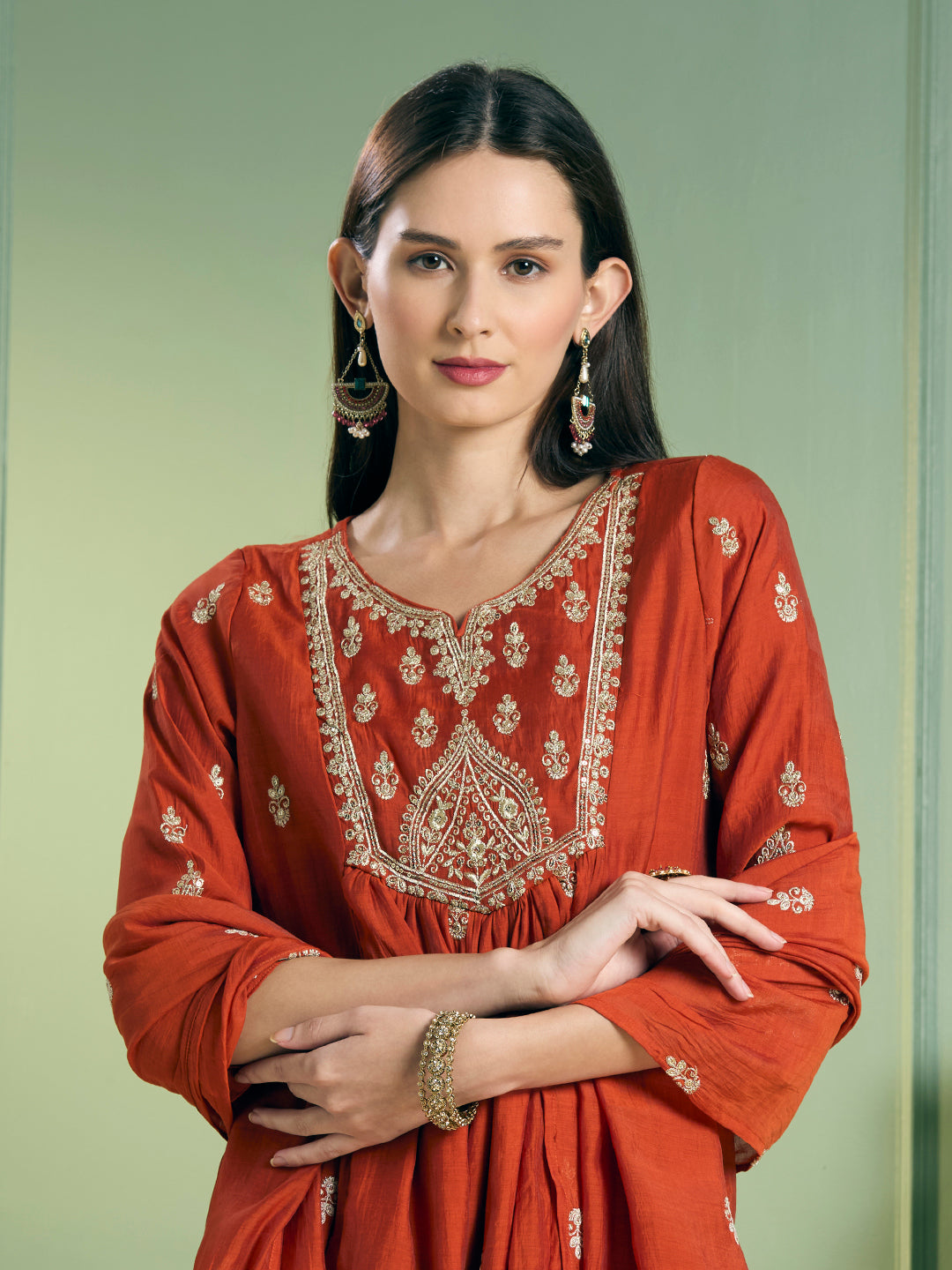 Festive Solid Sequin Embroidered A-Line Paneled Kurta with Pant and Dupatta - Rust