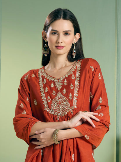 Festive Solid Sequin Embroidered A-Line Paneled Kurta with Pant and Dupatta - Rust