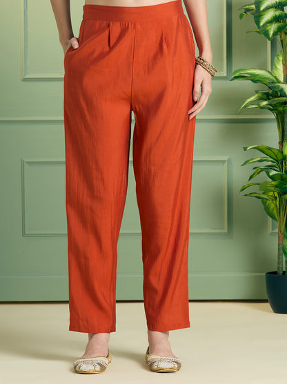 Festive Solid Sequin Embroidered A-Line Paneled Kurta with Pant and Dupatta - Rust