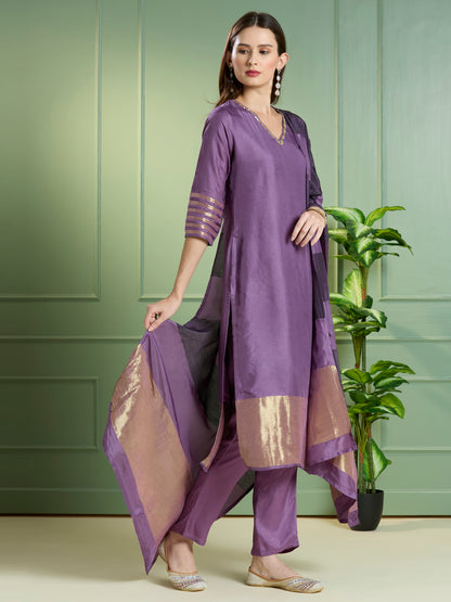 Solid Ethnic Embroidered Straight Kurta with Pant & Dupatta - Purple