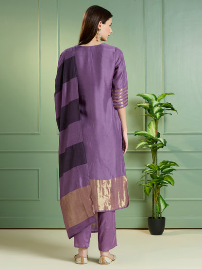 Solid Ethnic Embroidered Straight Kurta with Pant & Dupatta - Purple