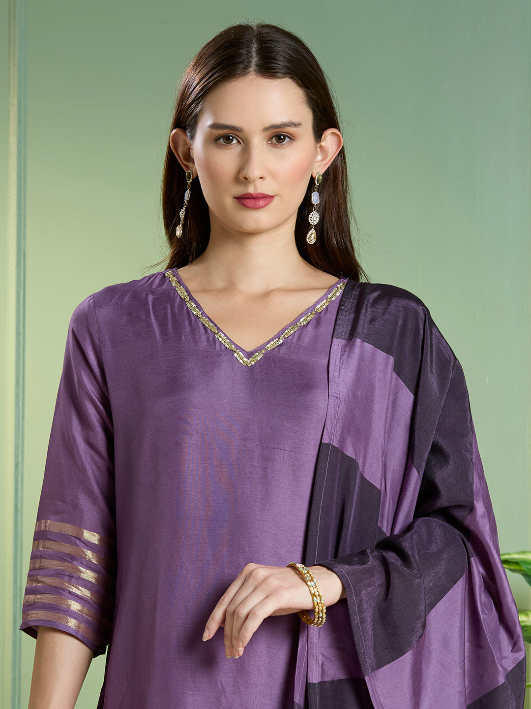 Solid Ethnic Embroidered Straight Kurta with Pant & Dupatta - Purple