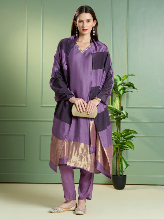 Solid Ethnic Embroidered Straight Kurta with Pant & Dupatta - Purple