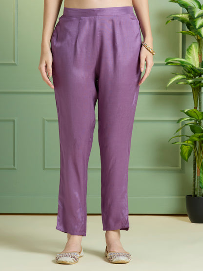 Solid Ethnic Embroidered Straight Kurta with Pant & Dupatta - Purple