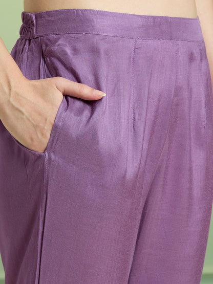 Solid Ethnic Embroidered Straight Kurta with Pant & Dupatta - Purple