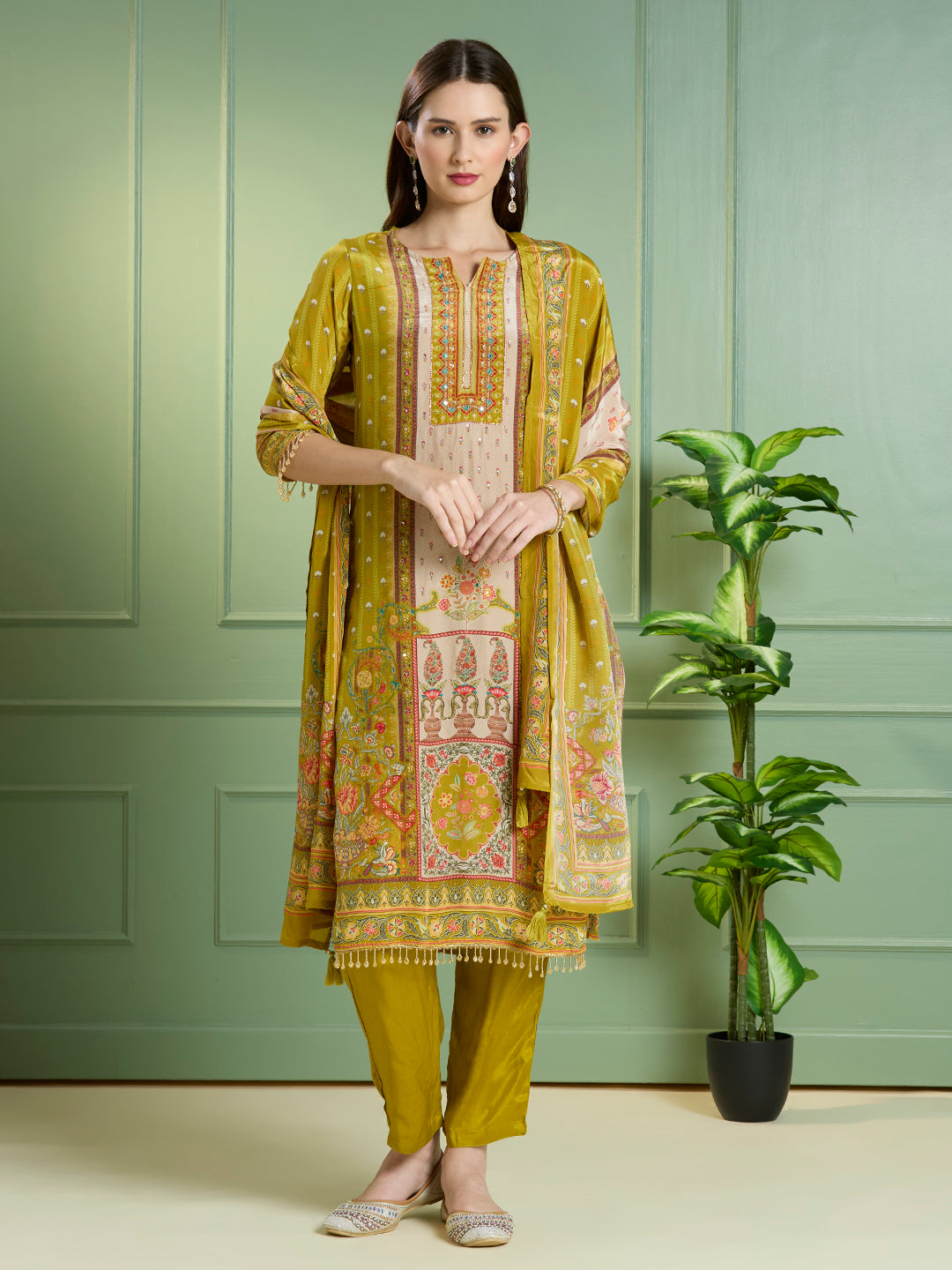 Ethnic Printed Embroidered Straight Kurta with Pant & Dupatta - Lime Green